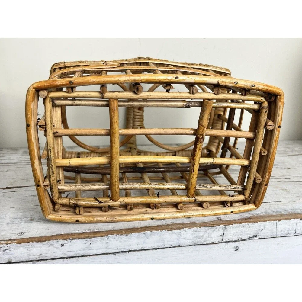 Vintage Bamboo Wicker 2 Bottle Wine Carrier Picnic Caddy Boho Barware Basket